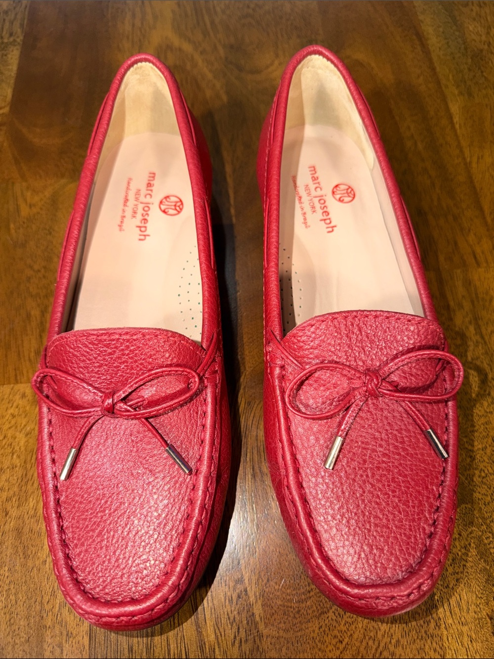 Marc Joseph Red Pebbled Leather Bow Loafers